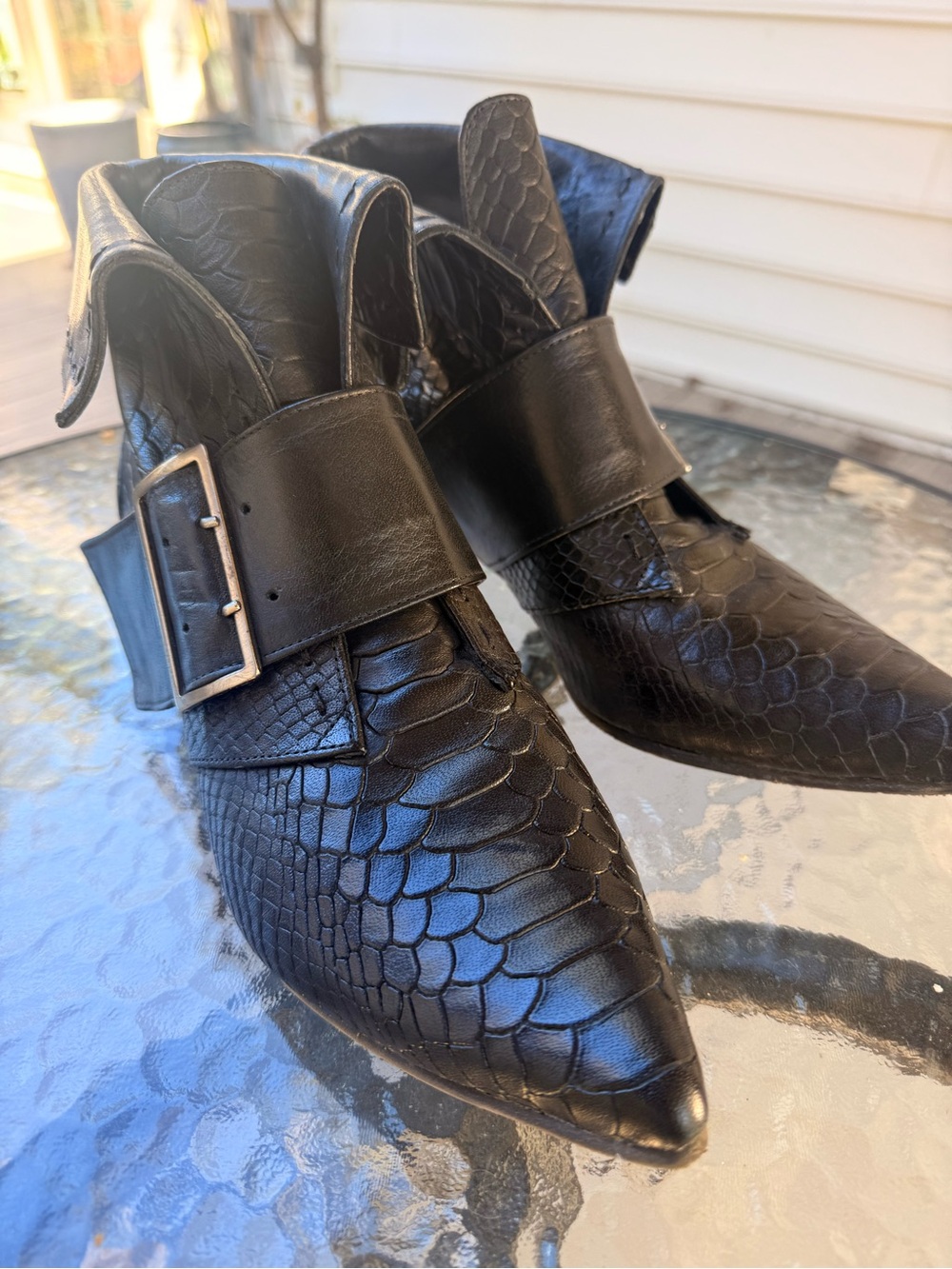 John Fluevog Black Scaled Pointed Ankle Booties with Wide Buckle Strap
